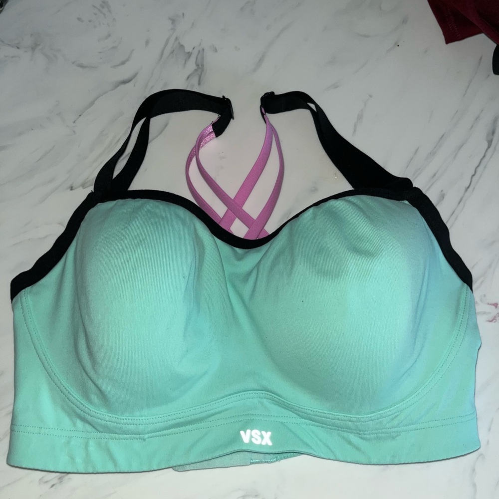 Victoria's secret sport vsx bra aqua pink 32 dd top front zip underwire strappy